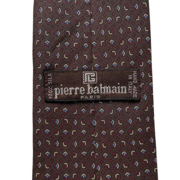 Pierre Balmain Paris Mens Designer Tie Italian Silk Necktie Brown Geometric 57" - Picture 4 of 4